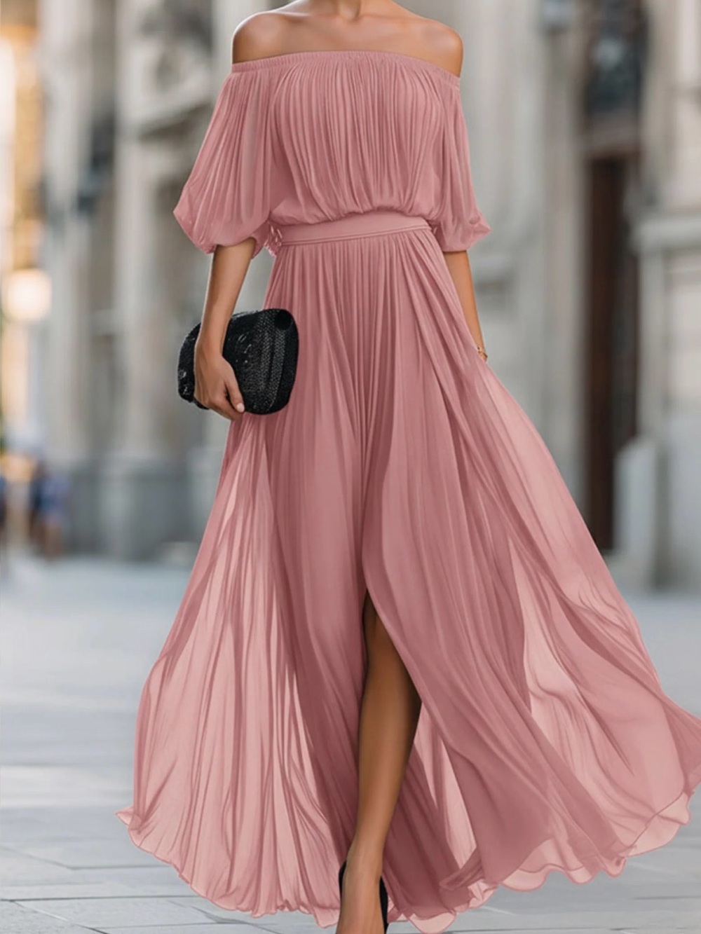 Off-Shoulder Blush Pink Maxi Dress - Elegant Pleated Evening Gown